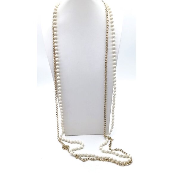 Vintage Double Strand Flapper Necklace, Hong Kong Basic White Beads and Gold - Picture 1 of 4